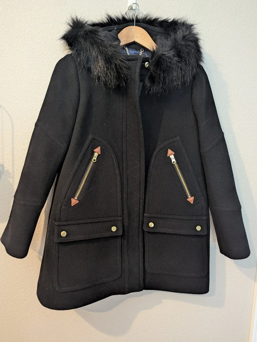 J. Crew Black Chateau Hooded Parka Coat In Italian Stadium-Cloth Wool Medium